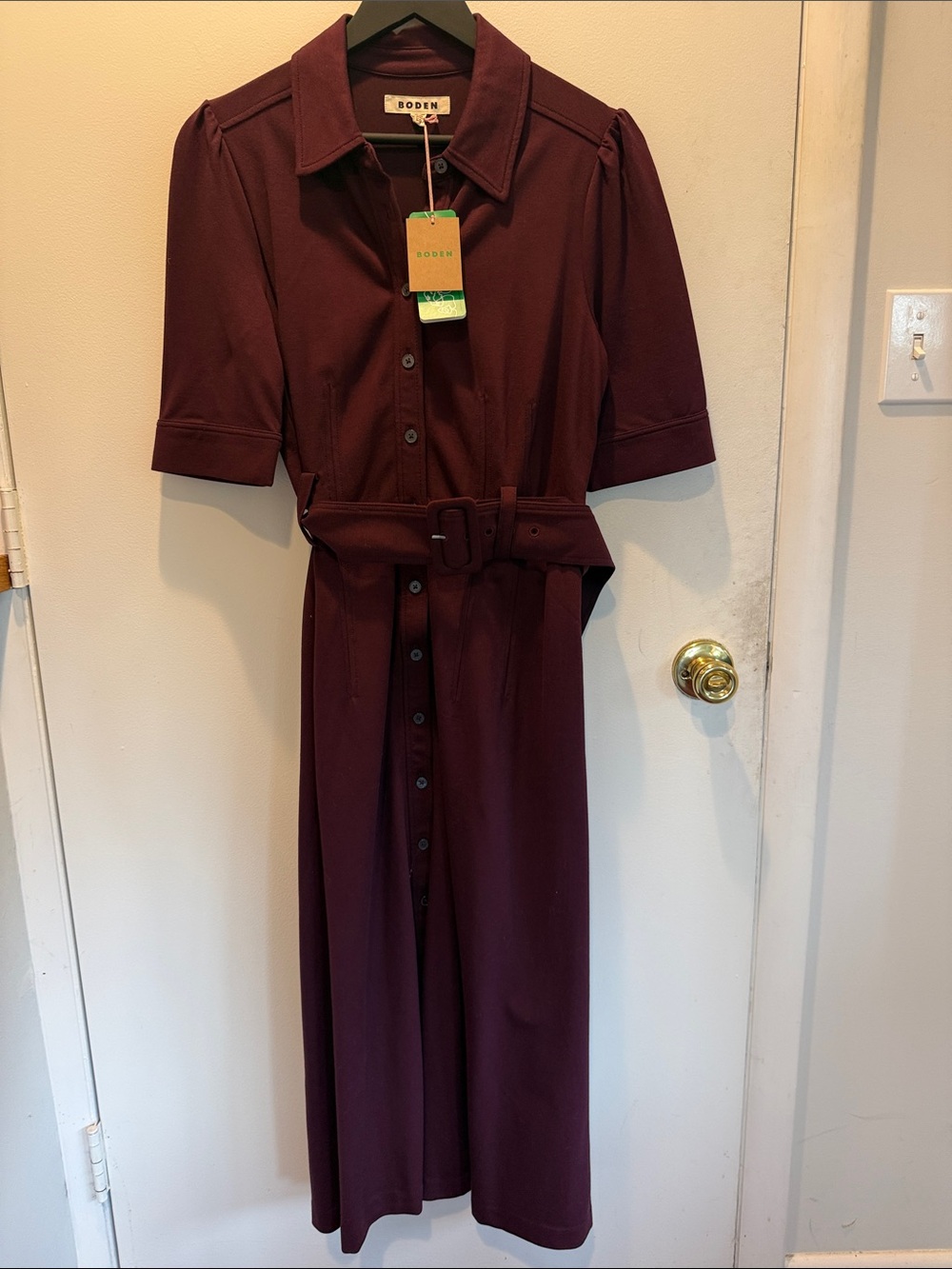 Boden Burgundy Belted Midi Shirt Dress